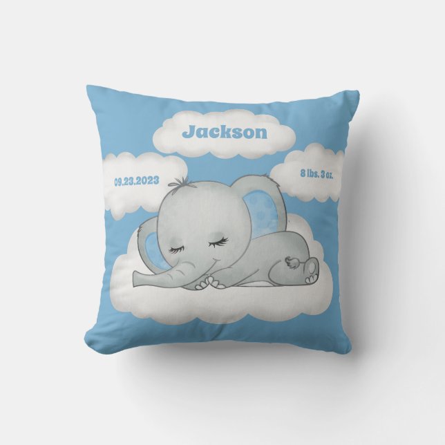 Blue Baby Boy Elephant Keepsake Name Birth Stats Cushion (Front)