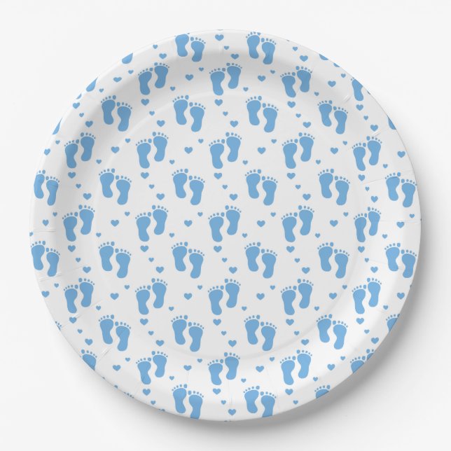 Blue Baby Boy Footprints on White Paper Plate (Front)