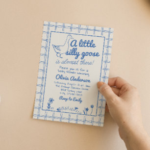 Blue Baby Boy Hand Drawn Silly Goose Baby Shower  Invitation