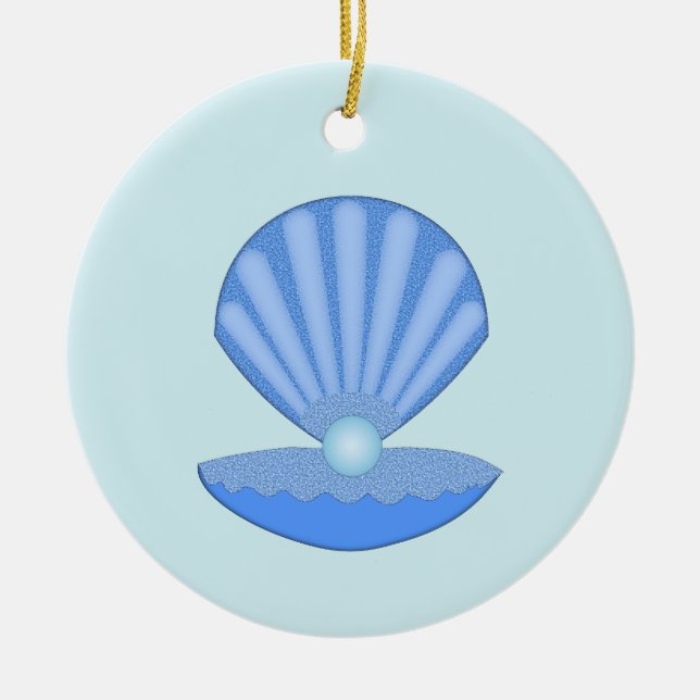 Blue Baby Boy Oyster shell and Pearl Custom Ceramic Tree Decoration (Front)