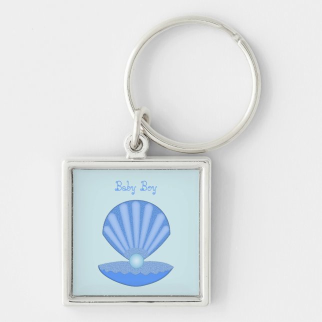 Blue Baby Boy Oyster shell and Pearl Custom Key Ring (Front)