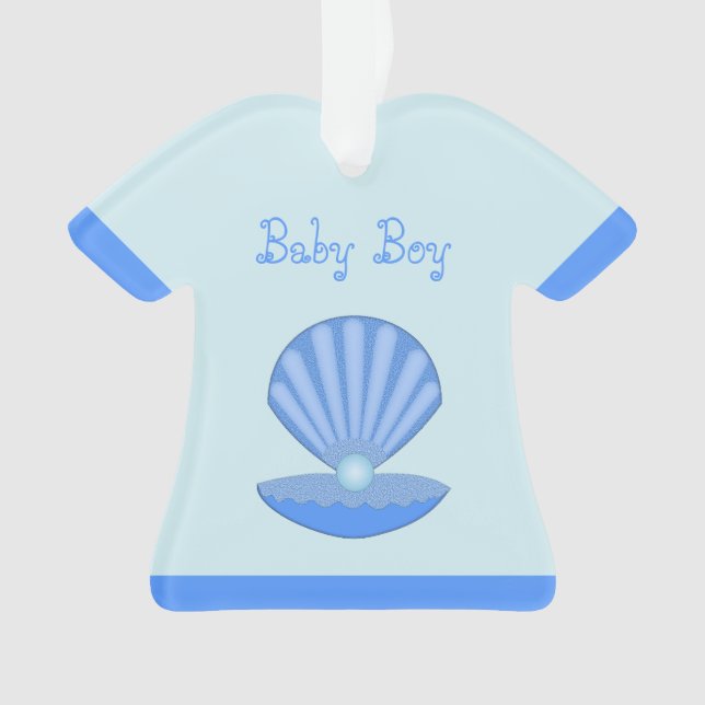 Blue Baby Boy Oyster shell and Pearl Custom Ornament (Front)