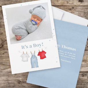 Blue Baby Boy Photo Clothesline Custom Announcement