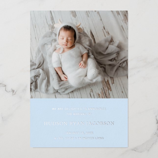 Blue Baby Boy Photo Modern Birth Announcement (Front)