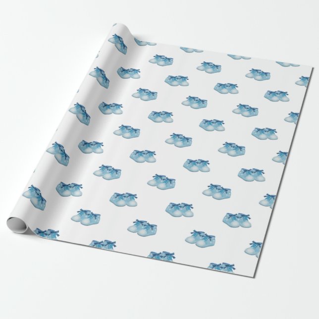 Blue Baby Boy Shoes Pattern Wrapping Paper (Unrolled)