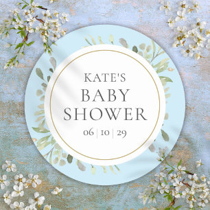 Blue Baby Boy Shower Watercolour Greenery Leaves Classic Round Sticker