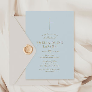 Blue Baby Boy Simple Elegant Gold Cross Baptism Invitation