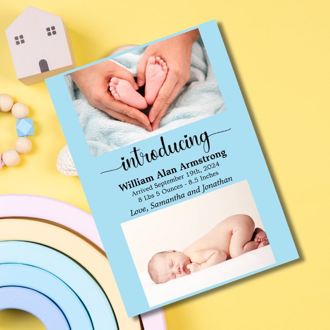 Blue Baby Boy Size and Weight Photo Birth Announcement (Creator Uploaded)