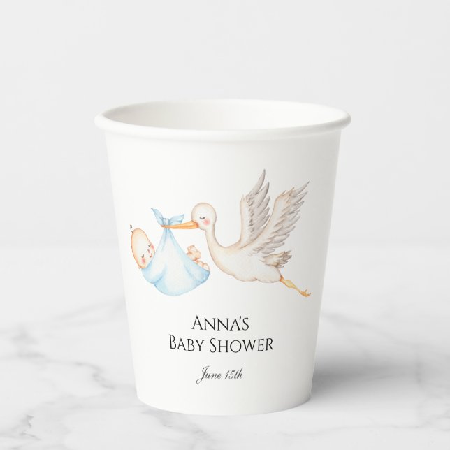 Blue Baby Boy Stork Baby Shower  Paper Cups (Front)