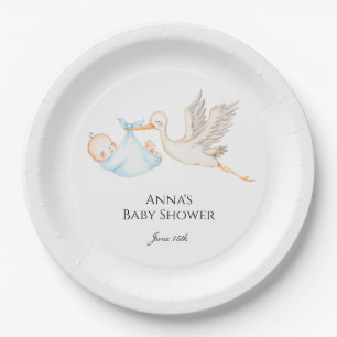 Blue Baby Boy Stork Baby Shower Paper Plate