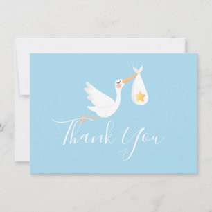 Blue Baby Boy Stork Gold Star Script Thank You Card