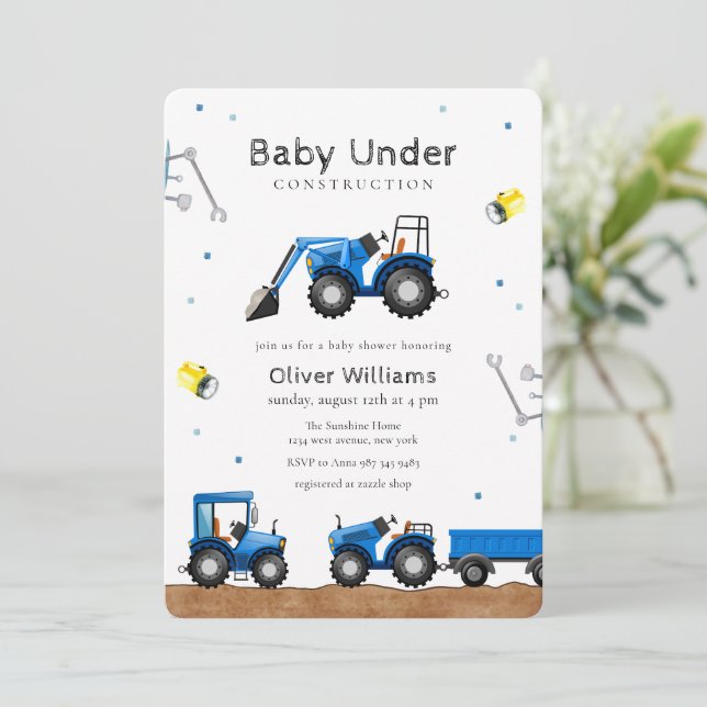 Blue Baby Boy Under Construction Baby Shower Invitation (Standing Front)