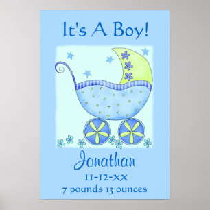 Blue Baby Buggy Boy Name Birth Announcement Art Poster