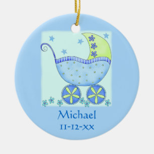 Blue Baby Buggy Carriage Name Birth Date Custom Ceramic Tree Decoration