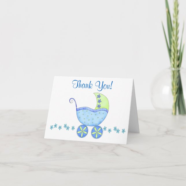 Blue Baby Buggy Carriage Thank You Card (Front)