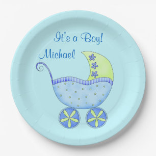 Blue Baby Buggy Its a Boy Name Personalised Paper Plate