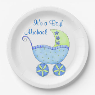 Blue Baby Buggy Its a Boy Name Personalised Paper Plate