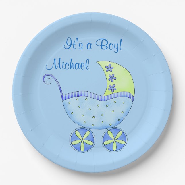 Blue Baby Buggy Its a Boy Name Personalised Paper Plate (Front)