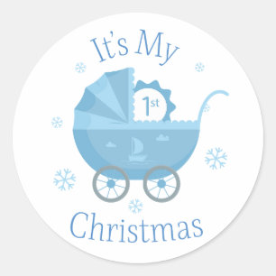 Blue Baby Carriage First Christmas Classic Round Sticker