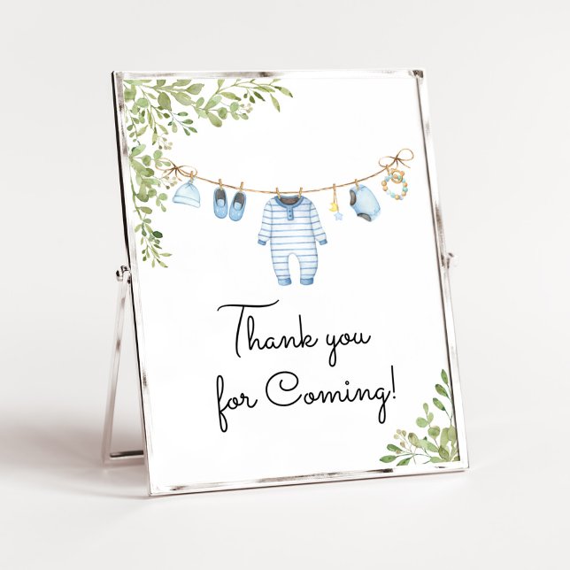 Blue Baby Clothes Baby Shower Thank You For Coming Poster (Boho Baby Clothes Baby Shower Thank You for Coming Sign)