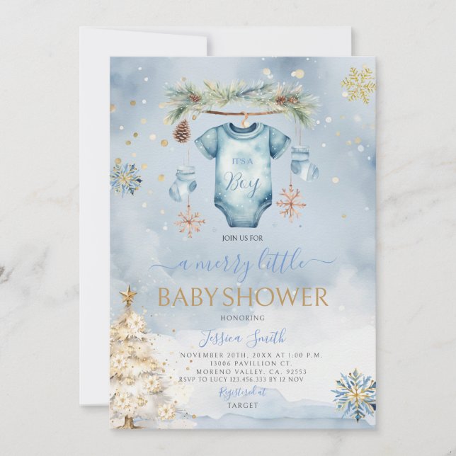 Blue Baby Clothes Winter It's A Boy Baby Shower Invitation (Front)