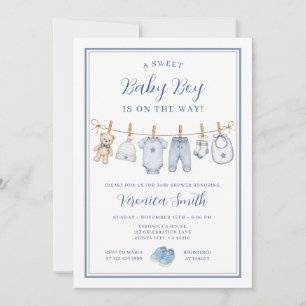 Blue Baby Clothesline Boy Baby Shower Invitation