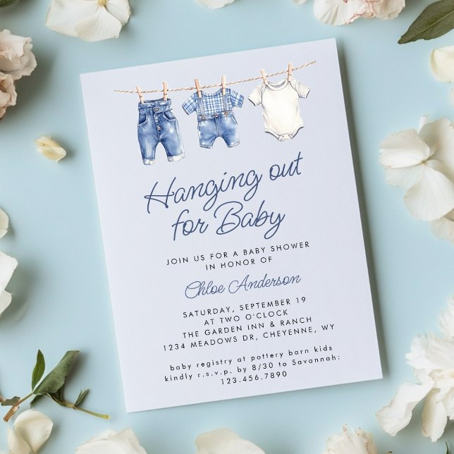 Blue Baby Clothesline Cute Rustic Boy Baby Shower Invitation (Creator Uploaded)