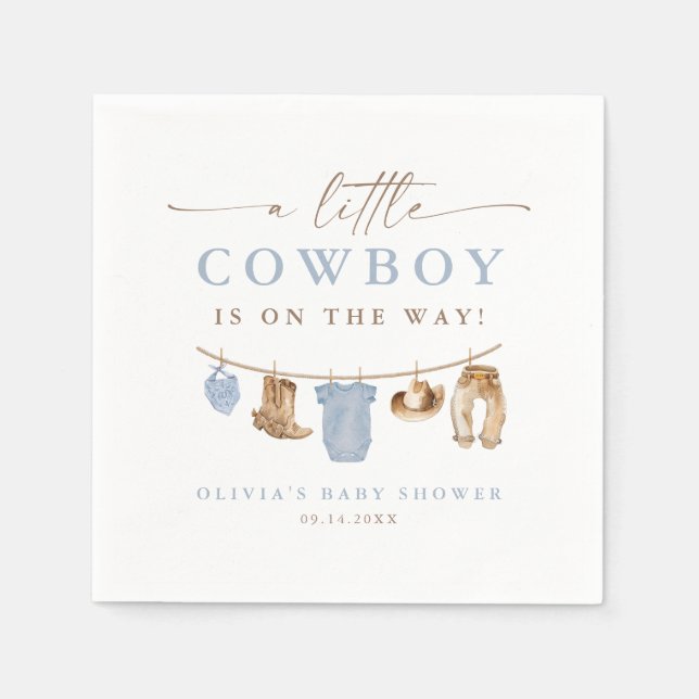 Blue Baby Clothesline Little Cowboy Baby Shower Napkin (Front)