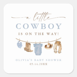 Blue Baby Clothesline Little Cowboy Baby Shower Square Sticker