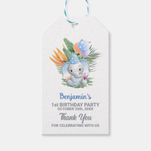 Blue Baby Elephant 1st Birthday Thank You Gift Tags
