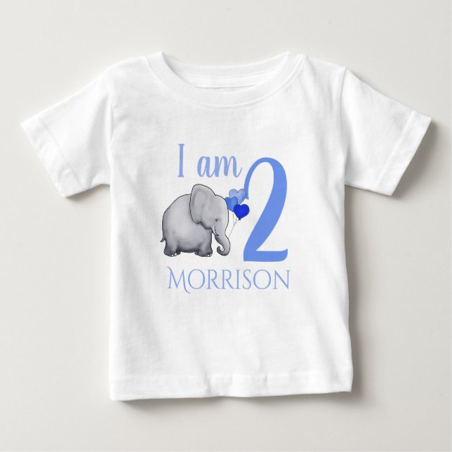 Blue Baby Elephant Custom Name & Age 2nd Birthday Baby T-Shirt (Front)