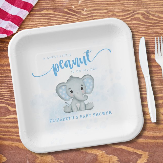 Blue Baby Elephant Little Peanut Baby Shower Paper Plate (Creator Uploaded)