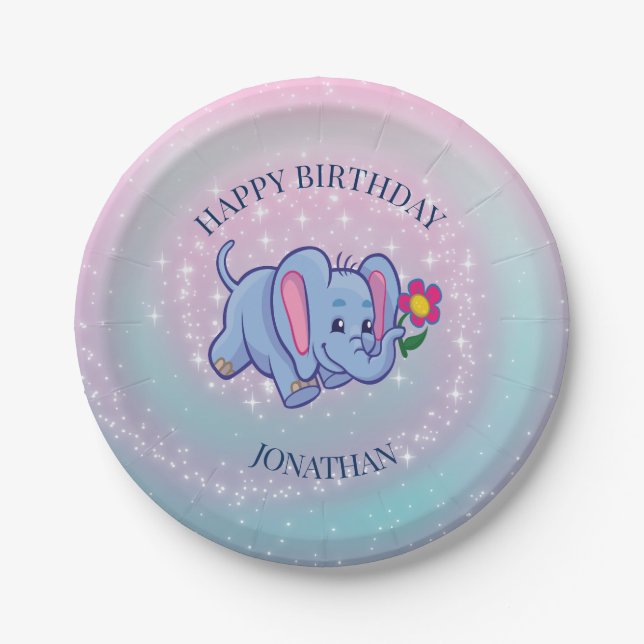 Blue Baby Elephant Paper Plate (Front)