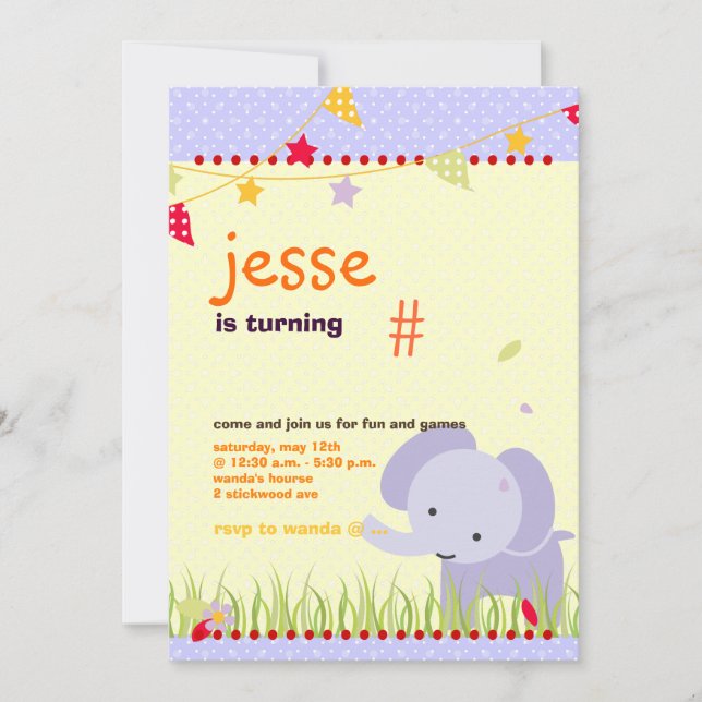 Blue Baby Elephant Personalised Party Invitation (Front)