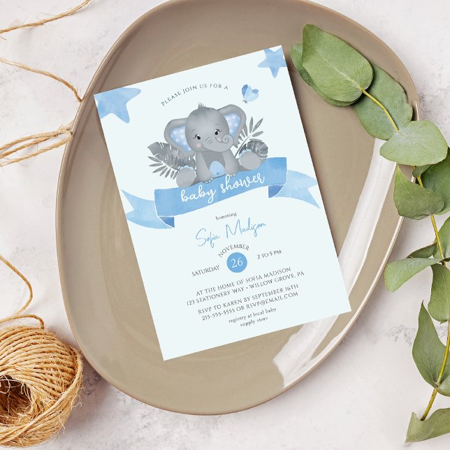 Blue Baby Elephant Watercolor Baby Shower Invitation (Creator Uploaded)