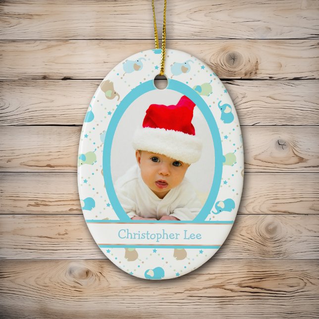 Blue Baby Elephants First Christmas Photo Template Ceramic Tree Decoration (Creator Uploaded)