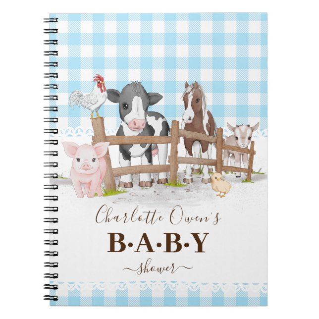 Blue Baby Farm Animals Baby Shower Notebook (Front)