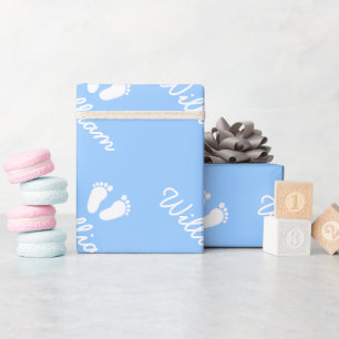Blue baby feet wrapping paper with custom boy name