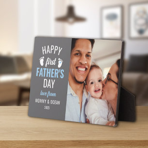 Blue Baby Footprint Happy 1st Father's Day Photo Plaque