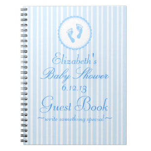 Blue Baby Footprints Blue Striped Shower Guestbook Notebook