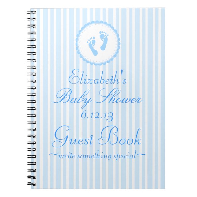 Blue Baby Footprints Blue Striped Shower Guestbook Notebook (Front)