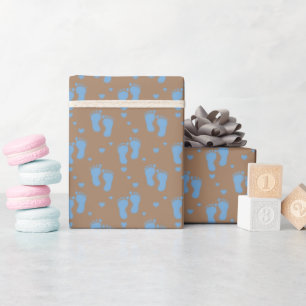 Blue Baby Footprints on Brown Wrapping Paper