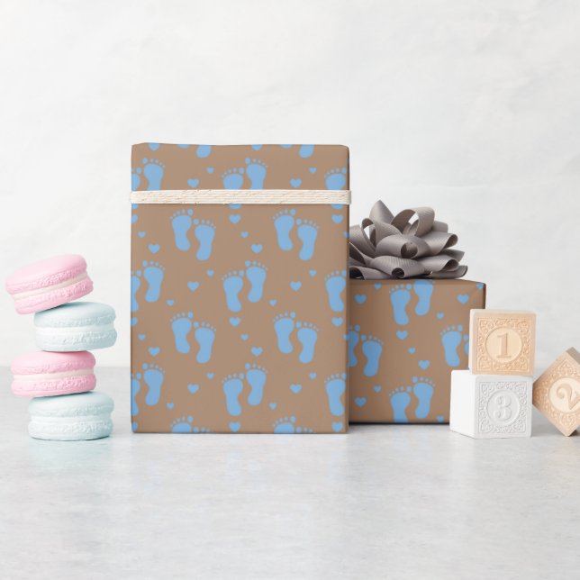 Blue Baby Footprints on Brown Wrapping Paper (Baby Shower)
