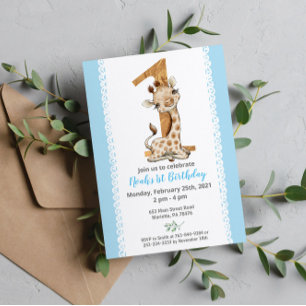 Blue  Baby Giraffe 1st Birthday Invitation