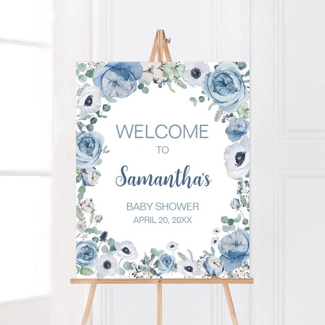 Blue Baby in Bloom Baby Shower Welcome Poster (Dusty Blue Wildflower Baby Shower Welcome Sign)