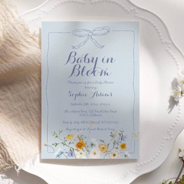 Blue Baby in Bloom Bow Wildflower Boy Baby Shower Invitation (Creator Uploaded)