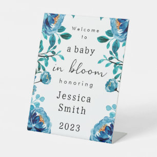 Blue "Baby in Bloom" Welcome Pedestal Sign