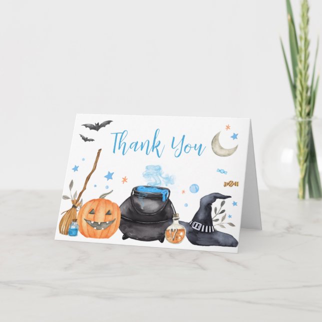 Blue Baby is Brewing Cute Halloween Baby Shower Thank You Card (Front)
