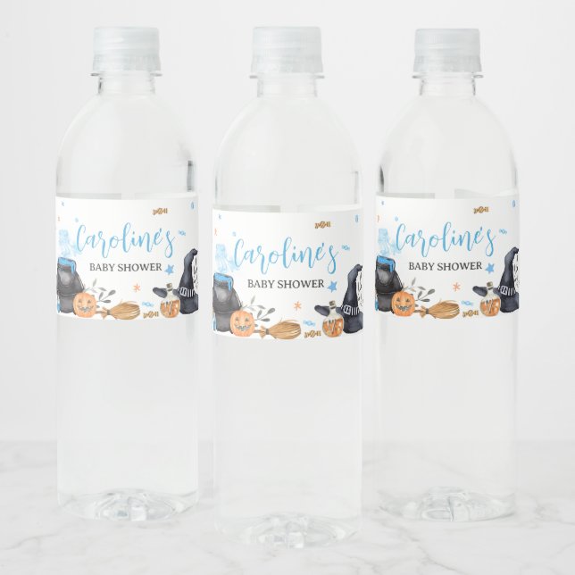 Blue Baby is Brewing Cute Halloween Baby Shower Water Bottle Label (Bottles)