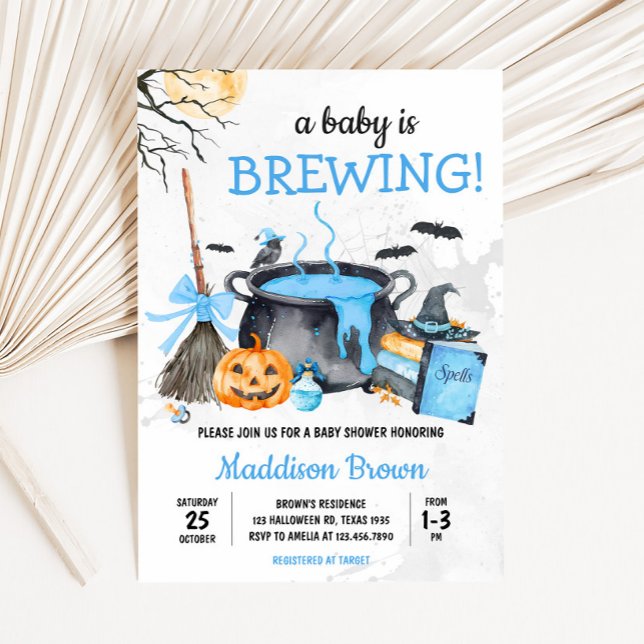 Blue Baby is Brewing Pumpkin Halloween Baby Shower Invitation (Blue Baby is Brewing Witch Pumpkin Halloween Baby Shower Invitation)